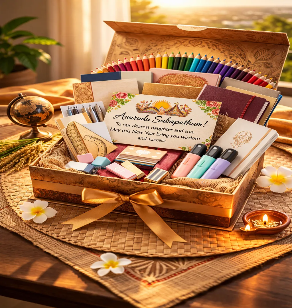 Three open educational gift boxes—Standard, Premium, and Ultra-Premium—resting on a traditional Sri Lankan reed mat (pedura) with stationery and personalized blessing cards for the Sinhala New Year.